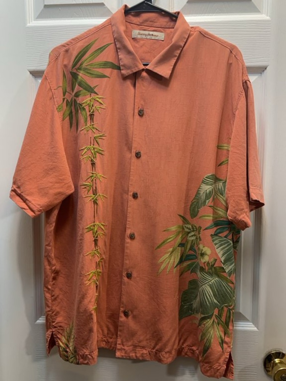 Tommy Bahama Coral Button-Down Shirt with Green Tropical Print